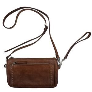 OLD TREND Brown Leather Crossbody Purse – Studded, Wristlet, Striped Lining